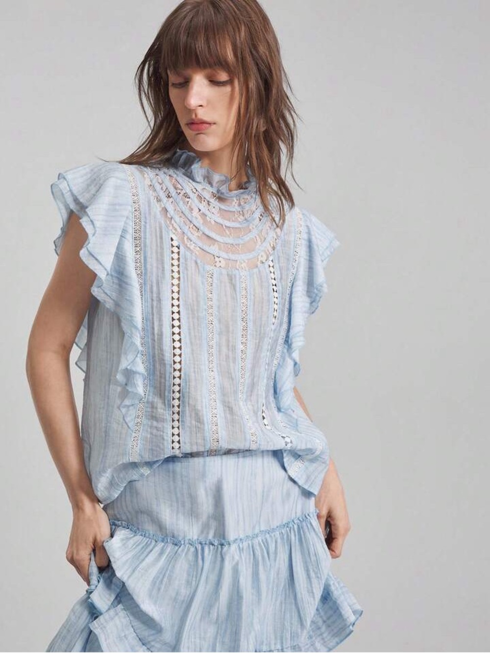 Light Blue Lace Ruffle Blouse – Size M – New Without Tags